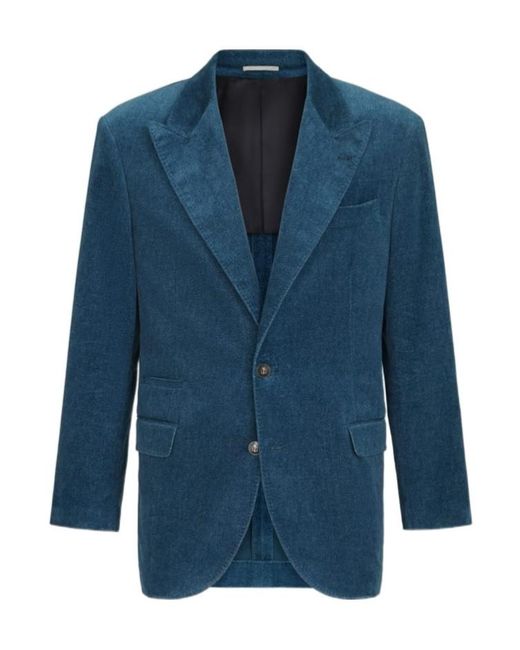 Brunello Cucinelli Blue Denim-Effect Cotton Velvet Tailor Blazer With Peak Lapels for men