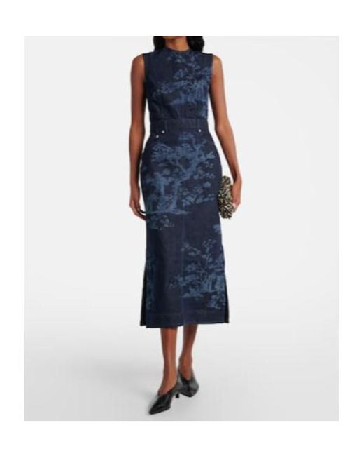 Erdem Blue Embroidered Cotton Denim Pencil Dress