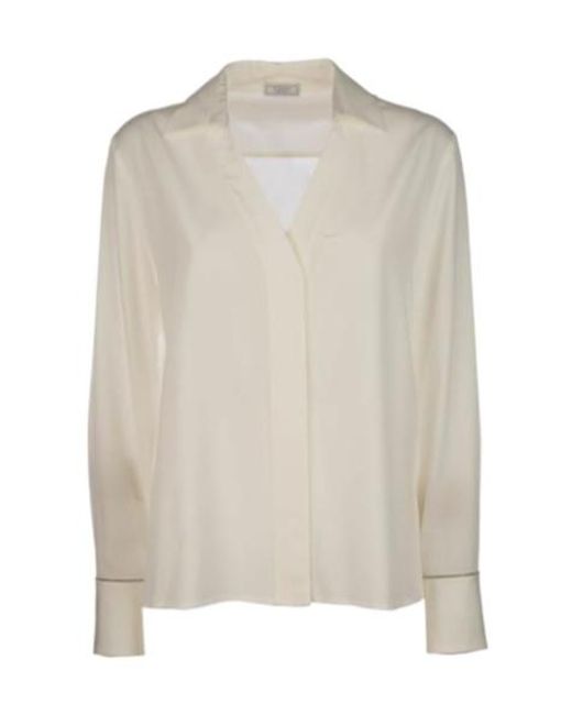 Peserico White V-Neck Long-Sleeve Blouse