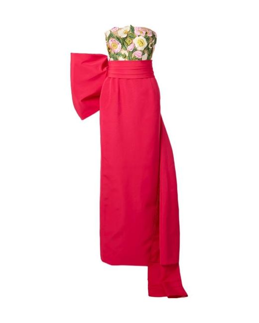 Oscar de la Renta Red Strapless Bow Decoration Appliqué Dress