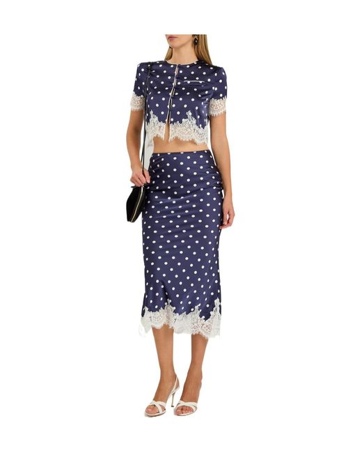 Self-Portrait Blue Polka Dot Lace-Trim Satin Midi Skirt