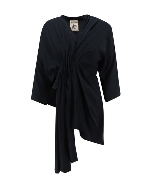 Semicouture Black V-Neck Pleated Blouse