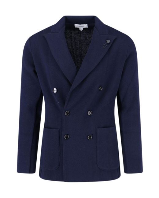 Lardini Blue Double-Breasted Patch-Pocket Jacket for men