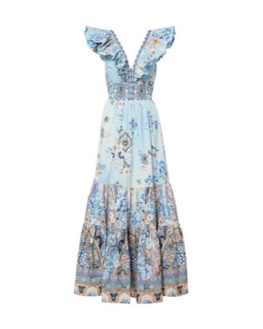 Camilla Blue Shirred Floral Cotton Maxi Dress