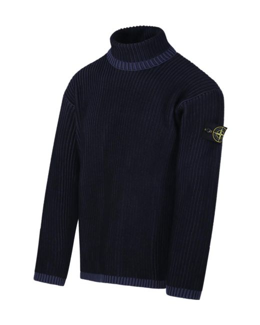 Stone Island Blue Logo Patch Roll Neck Ribbed Jumper for men
