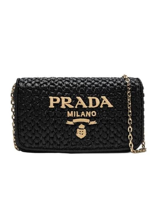 Prada Black Logo-Embroidered Chain-Linked Crochet Shoulder Bag