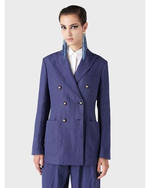 Giorgio Armani Blue Double-Breasted Linen Suit Jacket