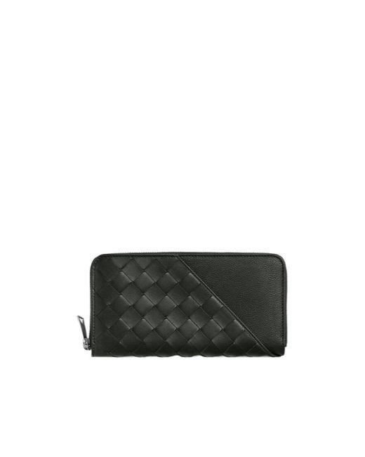 Bottega Veneta Black Intrecciato Diagonal Zip Around Wallet for men
