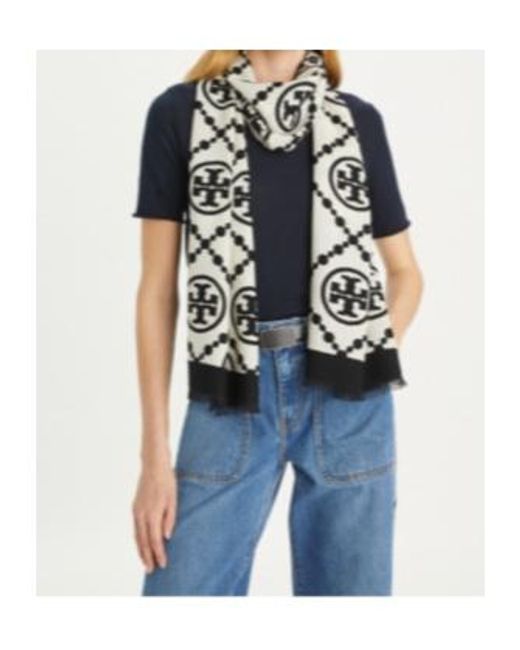 Tory Burch White T-Monogram Frayed Edge Scarf
