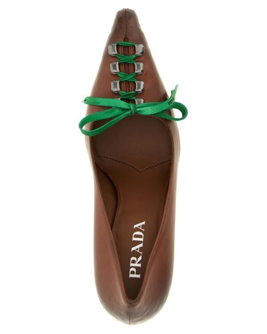Prada Brown Lace-Up Kitten Heeled Pumps