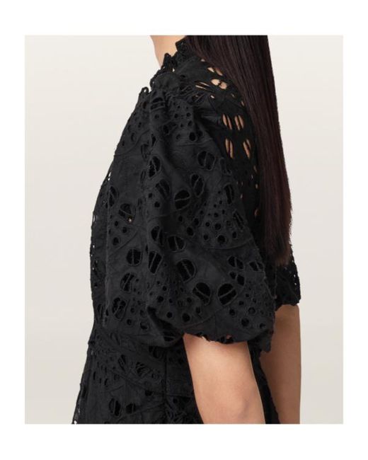 AllSaints Black Odette Broderie-Anglaise Puff-Sleeve Midi Dress