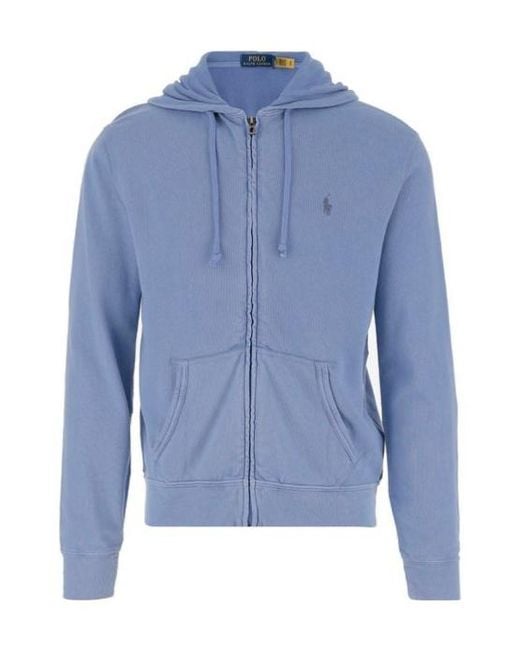 Polo Ralph Lauren Blue Pony Embroidered Zipped Drawstring Hoodie for men
