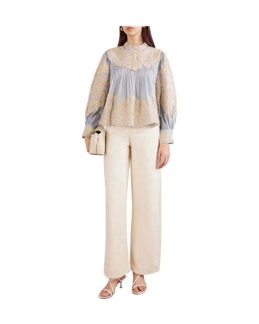 Sea White Alexandra Pleated Embroidered Cotton-Voile Blouse