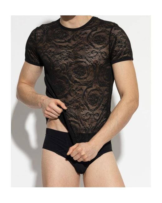 Versace Black Short-Sleeved Crewneck Lace T-Shirt for men