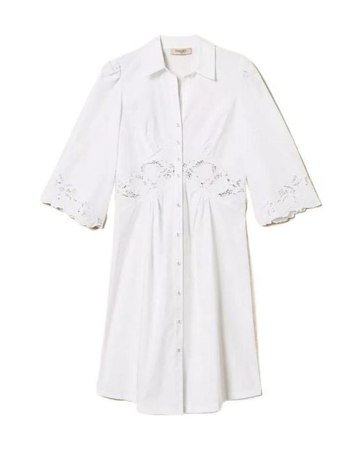 Twinset White Lace-Detail Midi Shirt Dress