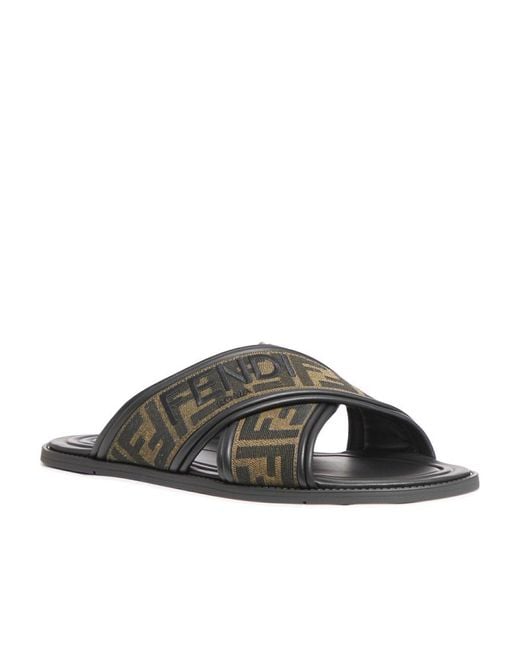 Fendi Brown Ff Logo Detail Crossed Slides for men