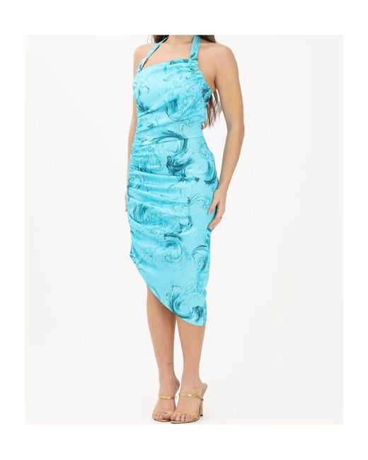 Versace Jeans Blue Couture Baroque One-Shoulder Dress