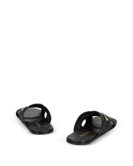 Prada Black Triangle-Logo Woven Slip-On Sandals