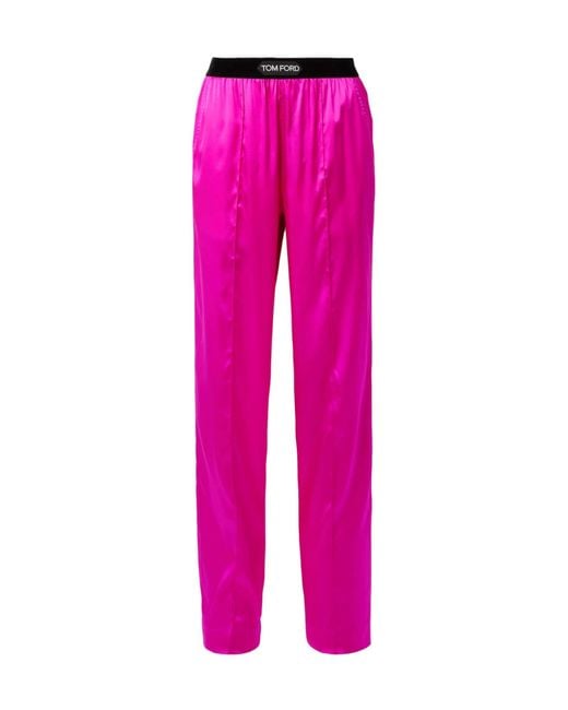 Tom Ford Pink Velvet-Trimmed Stretch-Silk Satin Pants