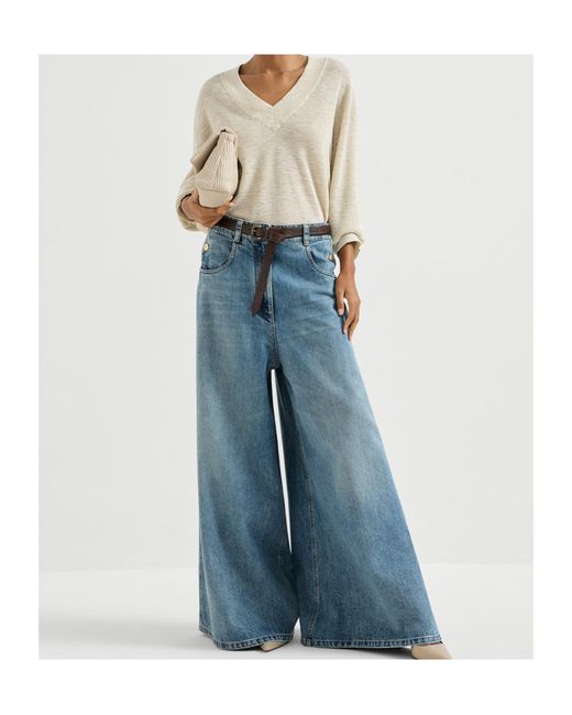 Brunello Cucinelli White V-Neck Knitted Sweater