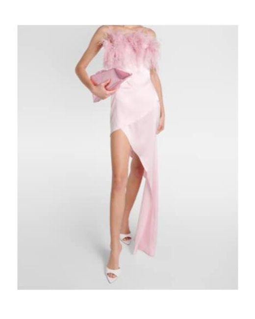 David Koma Pink Feather-Trimmed Satin Midi Dress