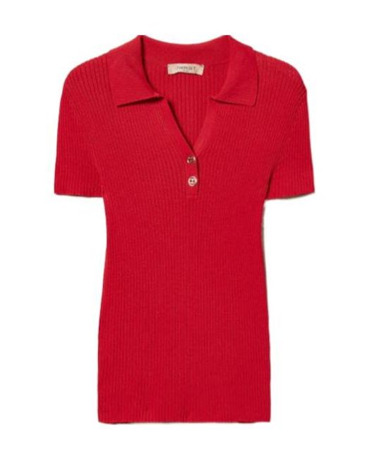 Twinset Red Fine Ribbed Polo Top