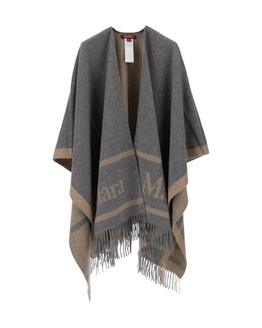 Max Mara Gray 'Hildestd' Stole With Fringed Hem And Logo Letteri