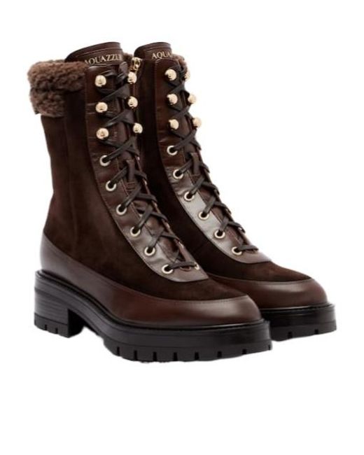 Aquazzura Brown Shearling-Trimmed Suede Lace-Up Boots