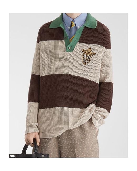 Fendi Brown Crest Embroidered Striped Knitted Polo Shirt for men