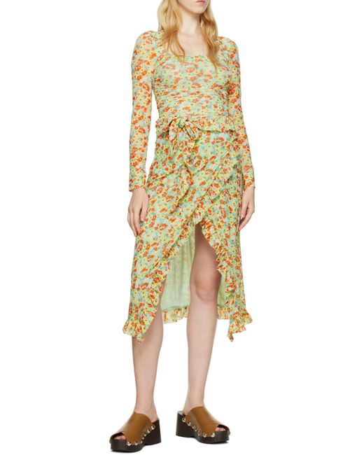 Ganni Green Floral Printed Square Neck Top