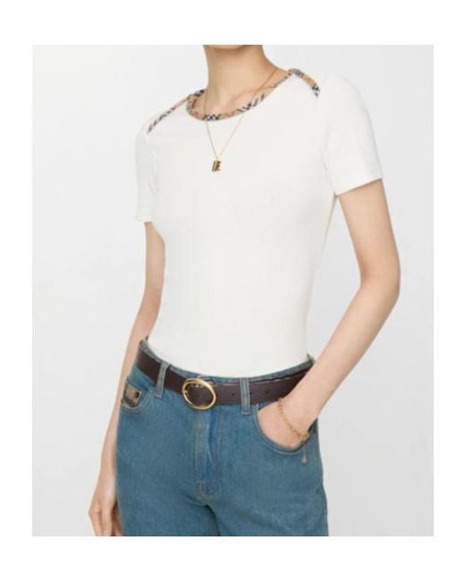 Burberry White Check Trim Stretch Cotton T-Shirt