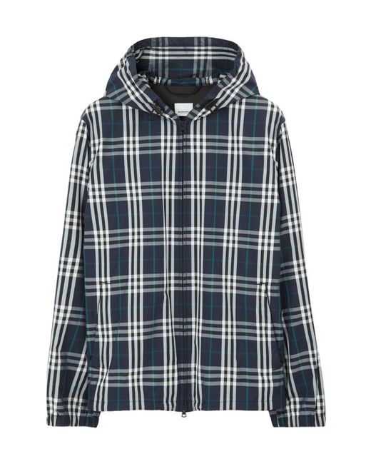 Burberry Blue Checked Hooded Jacket for men