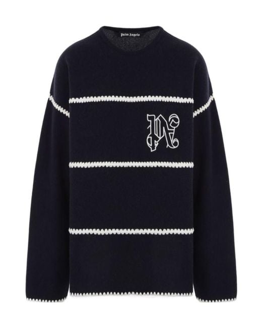 Palm Angels Blue Logo Intarsia-Knit Jumper for men