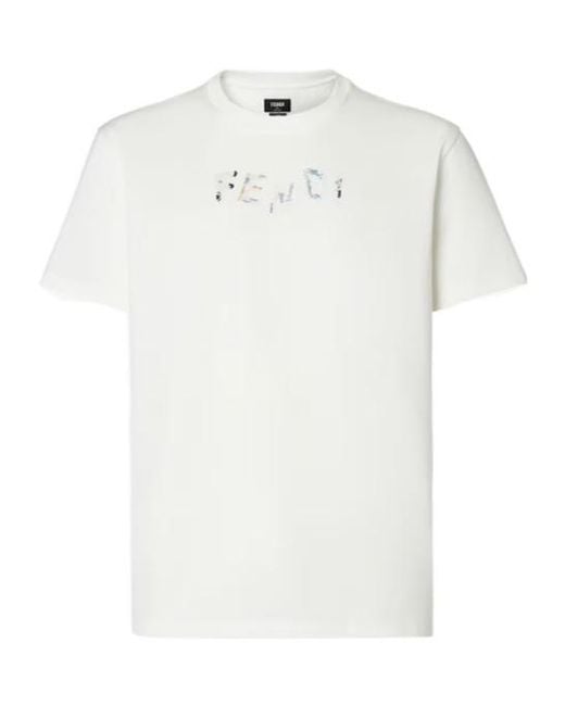 Fendi White Logo Embroidered Crewneck T-Shirt for men