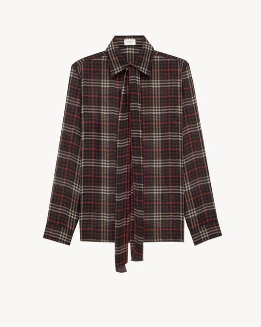 Saint Laurent Brown Cassandre Tartan Crêpe Shirt