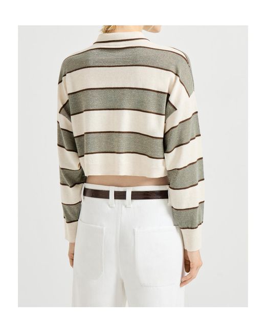 Brunello Cucinelli White Sparkling Striped Cropped Knit Polo Shirt