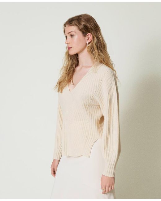 Twinset Natural V-Neck Knitted Jumper