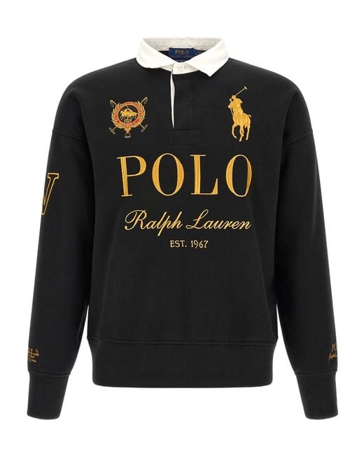 Polo Ralph Lauren Black Relaxed Fit Big Pony Rugby Sweatshirt Polo Shirt for men