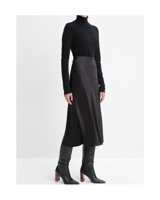 Vince Black Satin-Finish Draped Midi Skirt