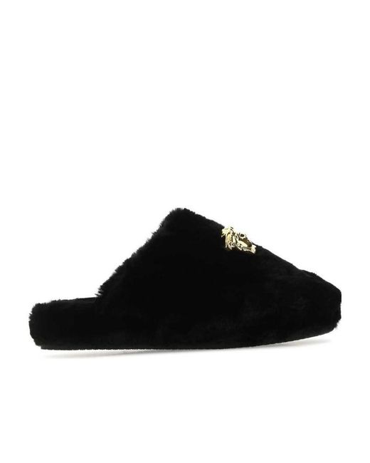 Versace Black Medusa Plaque Fur Slippers for men