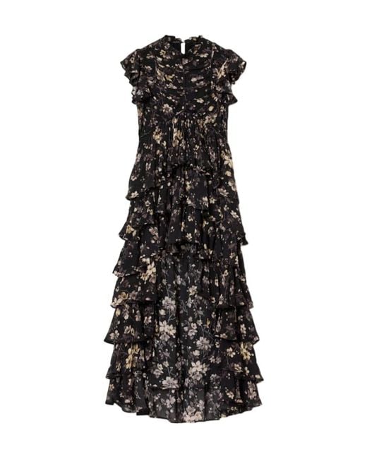 AllSaints Black Shaela Floral Frill Maxi Dress