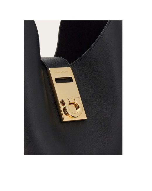 Ferragamo Black Gancini Buckle Large Shoulder Bag