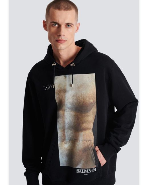 Balmain Black Graphic Printed Drawstring Hoodie for men