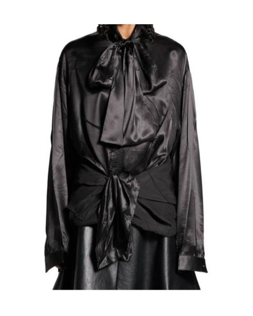 Balenciaga Gray Lavallière Bow-Tie Buttoned-Up Blouse