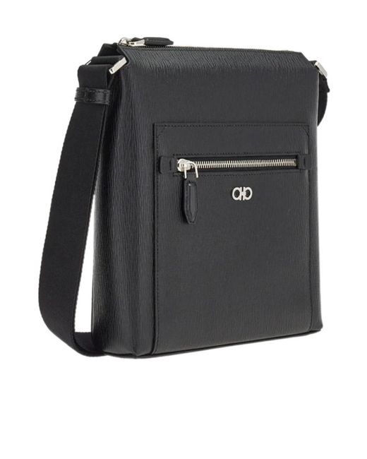 Ferragamo Black Ferragamo Gancini Logo Plaque Zipped Messenger Bag for men