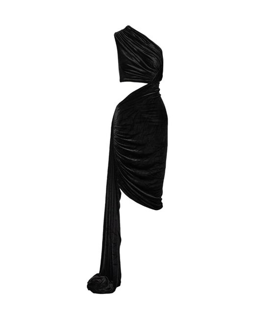 Rick Owens Black Draped-Detail Velvet Midi Dress