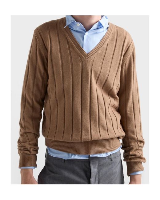 Prada Brown Cashmere V-Neck Sweater for men