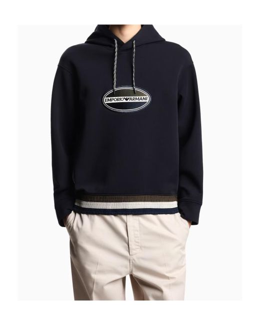 Emporio Armani Blue Logo Embroidered Drawstring Hoodie for men