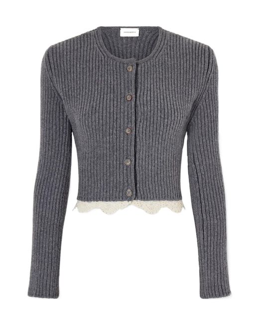 Magda Butrym Blue Cropped Lace-Trimmed Ribbed Wool Cardigan