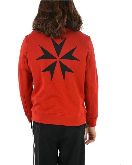 Neil Barrett Red Maltese Cross Printed Cotton Hoodie for men